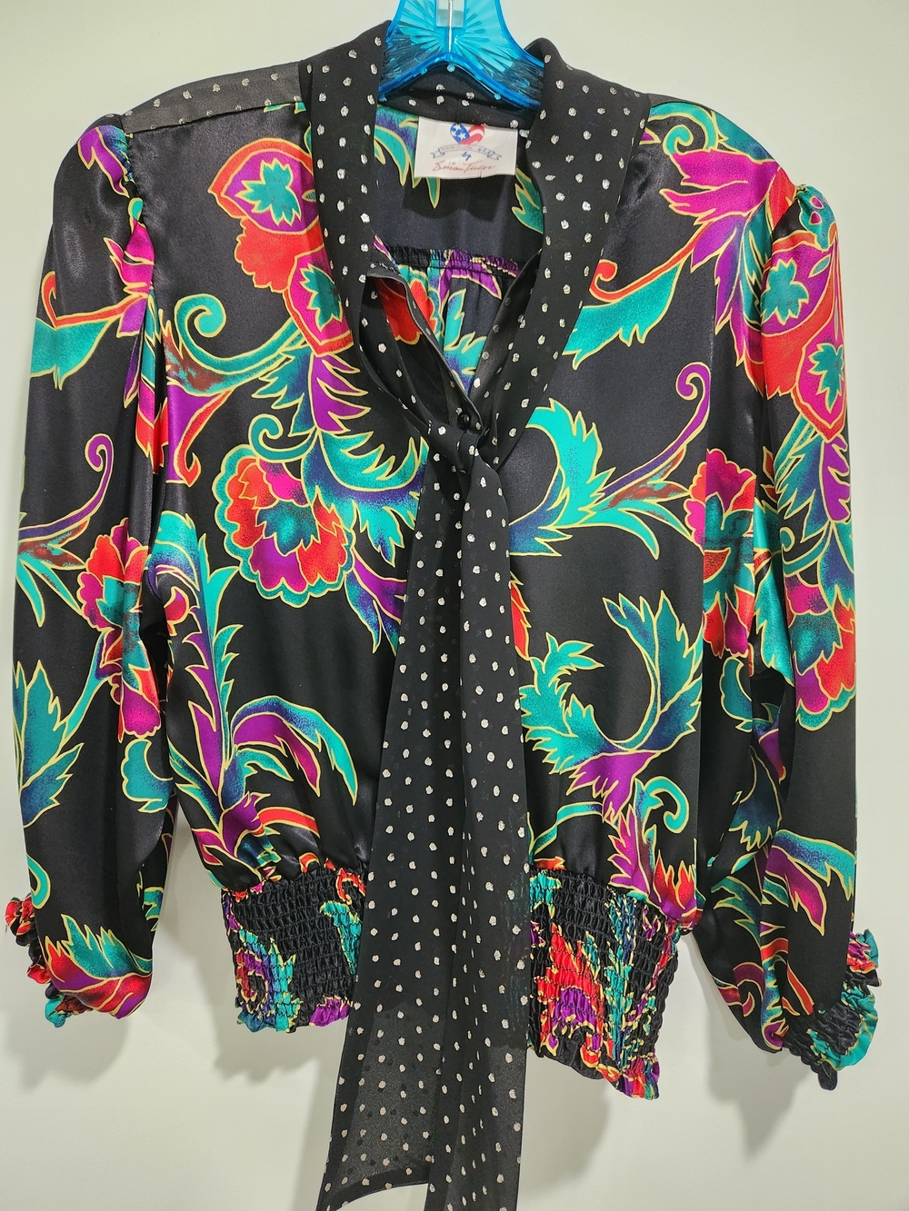 Black Flo ral Tie-Neck Blouse with Polka Dot Bow 1980's Susan Tudor Vintage